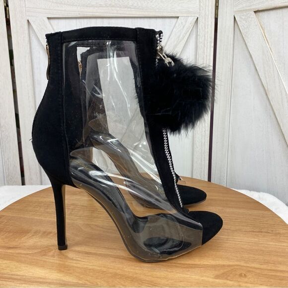 Bai Beiai Clear Peep Toe Heeled Ankle Boots PomPom Zipper Front Black 6 - Picture 5 of 12
